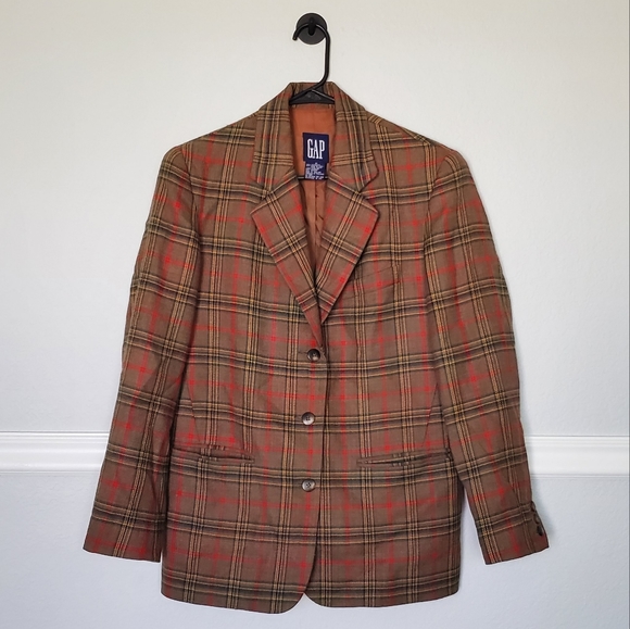 GAP Other - GAP Wool Blazer Vintage Plaid Shoulder Pads Front Pockets Brown Red Gold M